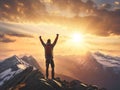 Victorious man with hands raised on top of the mountain in sunset, generative ai