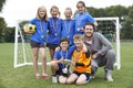 Victorious School Soccer Team With Medals And Trophy