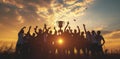 A Victorious Team Holds Up Their Trophy, Encircled by Countless Silhouetted Hands of Celebration