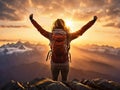 Victorious woman with hands raised on top of the mountain in sunset celebrating his achievement