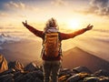 Victorious woman with hands raised on top of the mountain in sunset, generative ai
