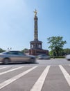 Victory column, Berlin, Germany during summer with clear sky, traffic in front, no people, long exposure, view from low angle Royalty Free Stock Photo