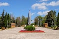 Victory column with eternal flame in alley heroes. Zadonsk city.