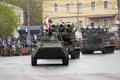 Victory Day celebration in Moscow. Soldiers in tank