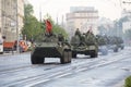 Victory Day Parade rehearsal. Russian BTR APC Armoured Transporter amphibious armoured personnel carrier in a column of tanks