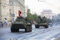 Victory Day Parade rehearsal. Russian BTR APC Armoured Transporter amphibious armoured personnel carrier in a column of tanks