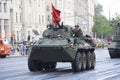 Victory Day Parade rehearsal. Russian BTR APC Armoured Transporter amphibious armoured personnel carrier in a column of tanks