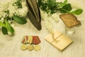 Victory Day. We remember the exploits of our grandfathers. St. George ribbon, medals, military letters on the background of bird