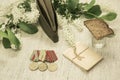 Victory Day. We remember the exploits of our grandfathers. St. George ribbon, medals, military letters on the background of bird