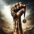 Victory Fist Clutching Medal in Storm Royalty Free Stock Photo