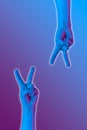 Victory gesture hands in a surreal style in violet blue neon colors. Modern psychedelic creative element with human palm