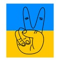 Victory, hand gesture on the background of the flag of Ukraine. Two fingers are raised Royalty Free Stock Photo