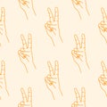 Victory hand signs seamless pattern. Silhouette orange linear contour on a light background. Hand drawn expression gesture