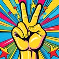 Victory peace sign hand gesture psychedelic background colors stars