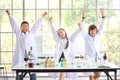 Victory posting symbol of happy kids making science experiments. success education or scientist concept