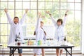 Victory posting symbol of happy kids making science experiments. success education or scientist concept