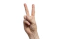 Victory sign gesture on a white background