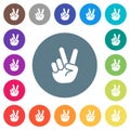 Victory sign hand gesture flat white icons on round color backgrounds Royalty Free Stock Photo