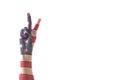 Victory symbol and American flag pattern on people`s hand with for USA  election day concept Royalty Free Stock Photo