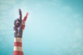 Victory symbol and American flag pattern on people`s hand with for USA  election day concept Royalty Free Stock Photo