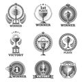 Victory trophies and awards vector logos, badges, emblems