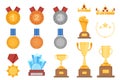Victory trophies set in cartoon design. Award prizes isolated flat elements