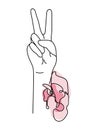 Victory v salute or peace hand sign. Women freedom and unite. Vector girl power feminist fist in one line art for