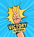 Victory is yours, lettering. Motivation poster, drawn in pop art retro comic style. Cartoon vector illustration Royalty Free Stock Photo