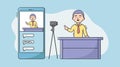 Video Blog Concept . Video Blogger Make A Vlog By Camera. Man Making Live Stream, Social Media Network Bloggers