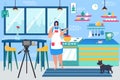 Video blog at kitchen, woman blogger cook cartoon food, vector illustration. Cooking vlog, online culinary recipe