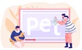 Video blog for pet owners, characters near laptop screen with tutorial about keeping animals at home