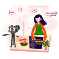 Video Blogger cooking online home. Vlogger making food in kitchen. Woman records culinary podcast with camera. Streaming