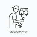 Video blogger flat line icon. Vector outline illustration of camera man, videographer holding steadicam. Photographer