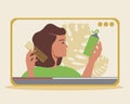 Video blogger, hair care, flat vector stock illustration with woman vlog or blog and isolated phone, tablet, computer