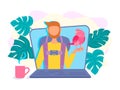 Video blogger, vloger on the laptop screen in a video about traveling with a parrot on his hand and a backpack behind his back