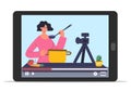 Video bloggers online streaming. Social media content creators, cooking video guides. Female character preparing soup