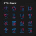 Video blogging thin line icons set: vlog, ASMR, mukbang, unboxing, DIY, stream game, review, collaboration, podcast, tipa and Royalty Free Stock Photo