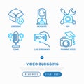 Video blogging thin line icons set: vlog, ASMR, mukbang, unboxing, DIY, training. Vector illustration Royalty Free Stock Photo