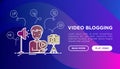 Video blogging web page template: blogger films video on camera on tripod and using lighting. Modern vector illustration