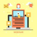 Video business education in internet, vector illustration. Online webinar at screen, web communication conference in