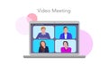 Flat vector illustration of conference technology with video conference. Royalty Free Stock Photo