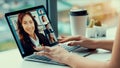 Video call business people meeting on virtual workplace or remote office Royalty Free Stock Photo