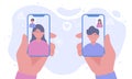 Video call concept. Male hand holding smartphone doing online conversation with female friends. Converse through video, remote Royalty Free Stock Photo