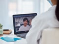 Video call, covid telehealth and patient on laptop screen with doctor in healthcare consultation, virtual support or