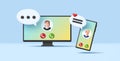 Video call 3d render illustration with computer screen interface and smartphone with avatar and speech bubbles