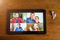 Video call on digital tablet, flat lay