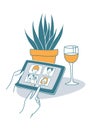 Video call friends, wine glass, plant, hands holding tablet