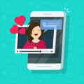 Video call with girlfriend on mobile phone vector illustration, flat smartphone video chat with lovely happy smiling