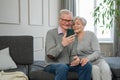 Video call. Happy senior couple woman man with smartphone having video call. Mature old grandmother grandfather talking Royalty Free Stock Photo