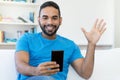 Video call of latin american hipster man with beard Royalty Free Stock Photo